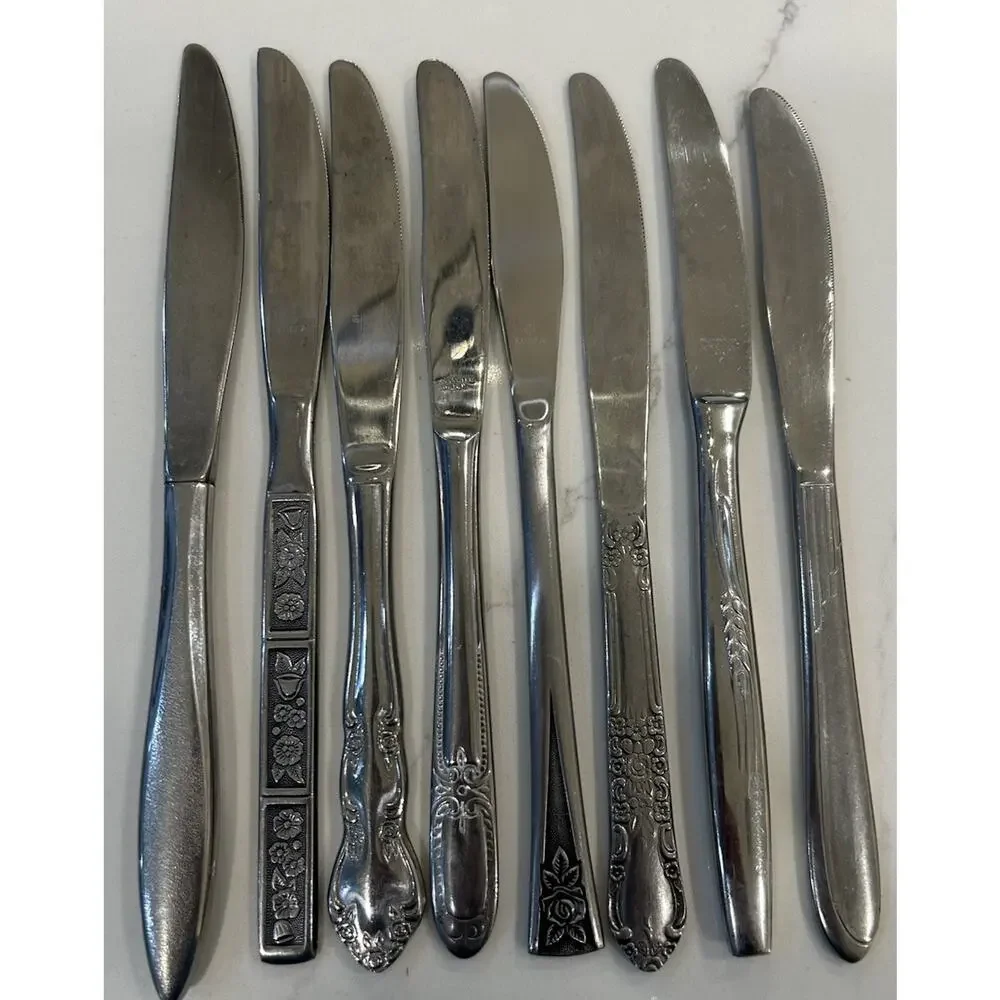 Vtg Mixed Lot of 8 Dinner Knives‎ 9” MCM Mismatched Stainless Floral Patterns